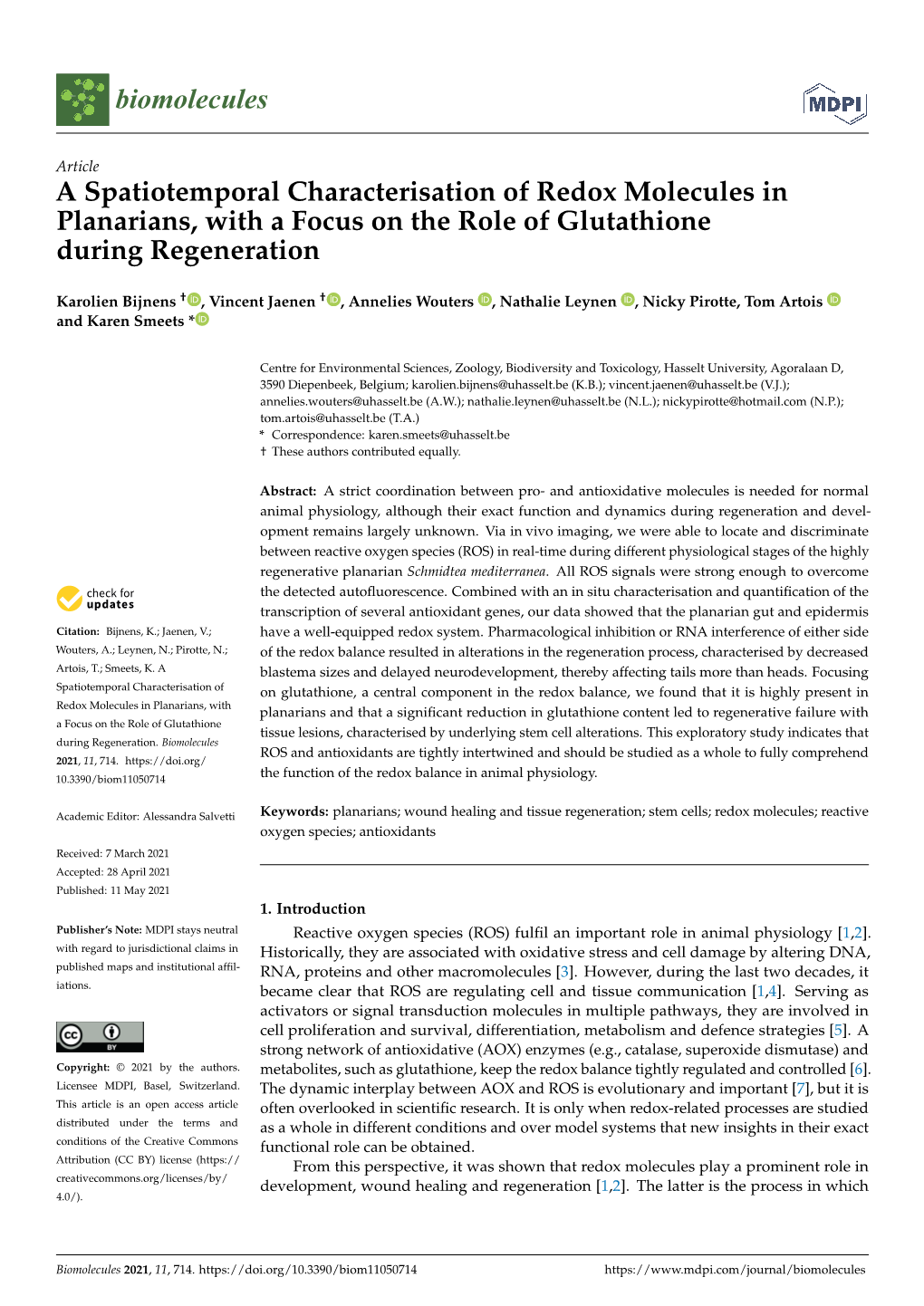 A Spatiotemporal Characterisation of Redox Molecules in Planarians, with a Focus on the Role of Glutathione During Regeneration