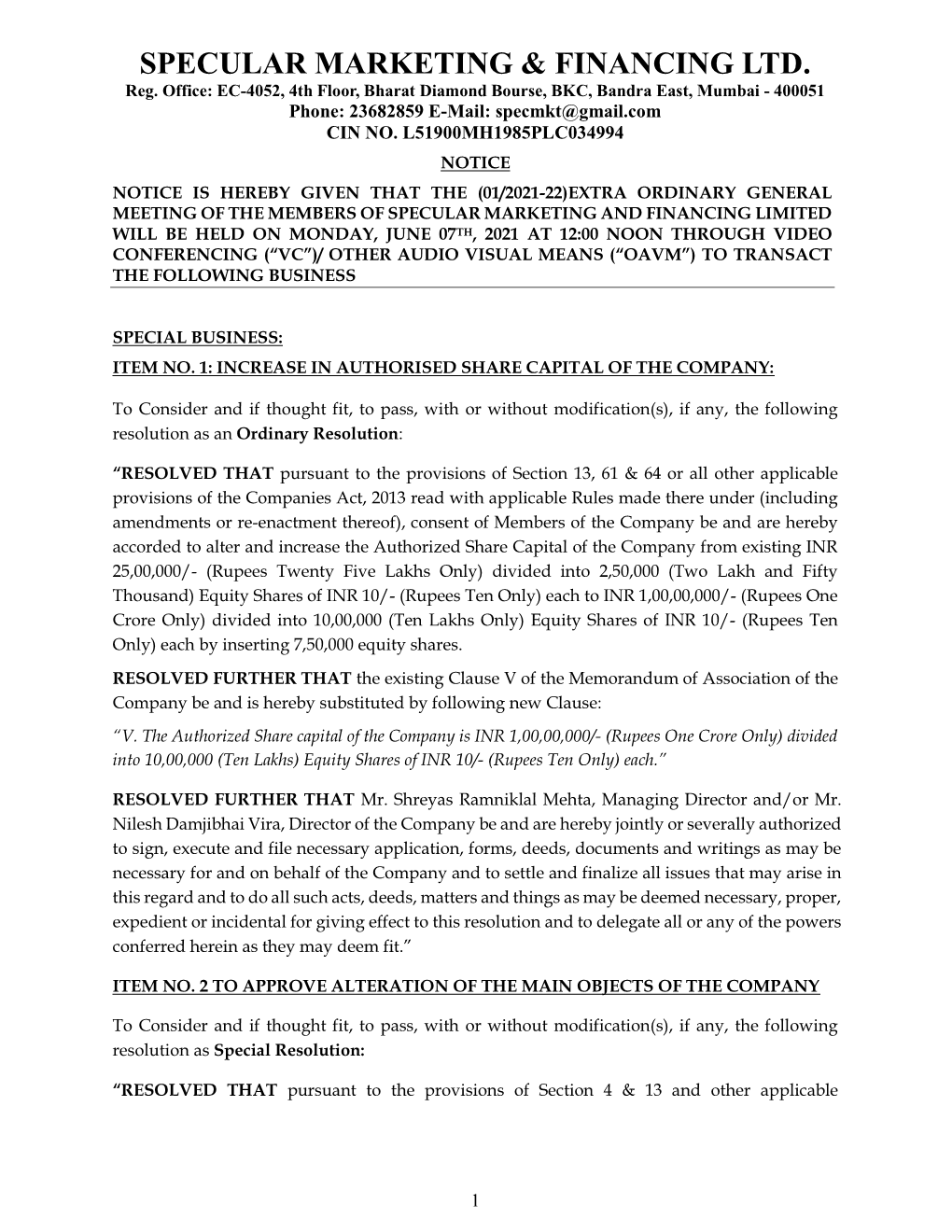 Notice of EGM Notice to Be Held on 07.06.2021