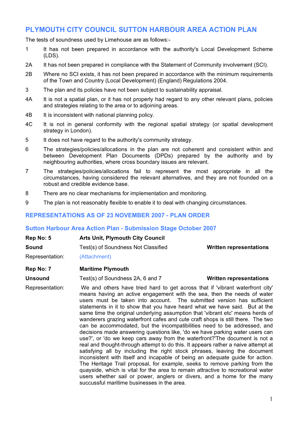 Sutton Harbour Area Action Plan Representations