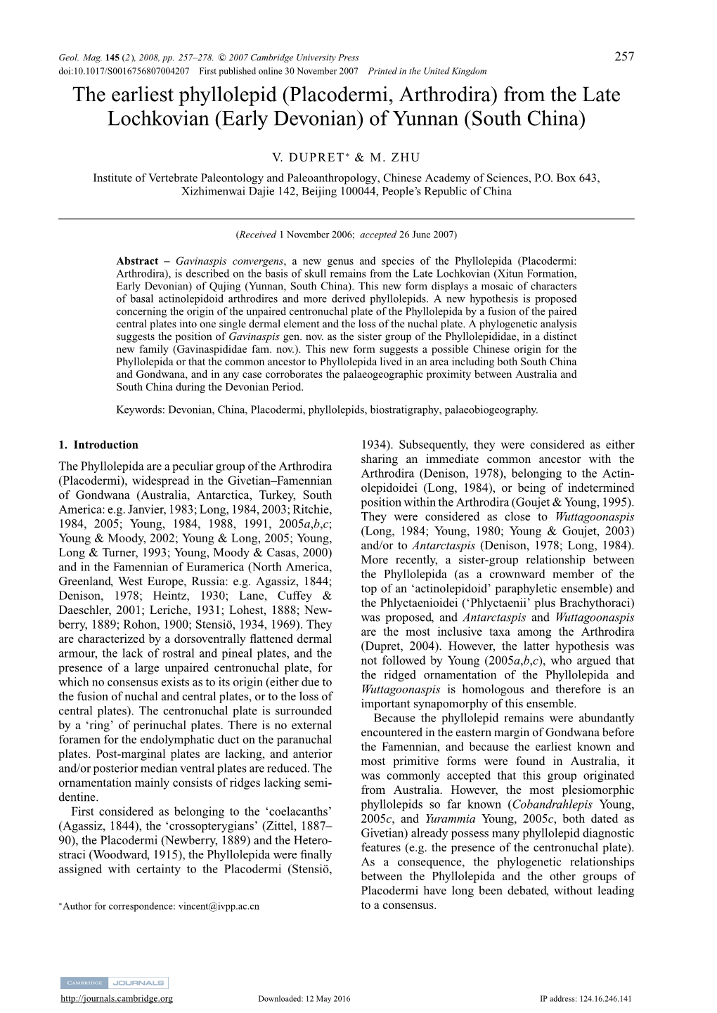 The Earliest Phyllolepid (Placodermi, Arthrodira) from the Late Lochkovian (Early Devonian) of Yunnan (South China)