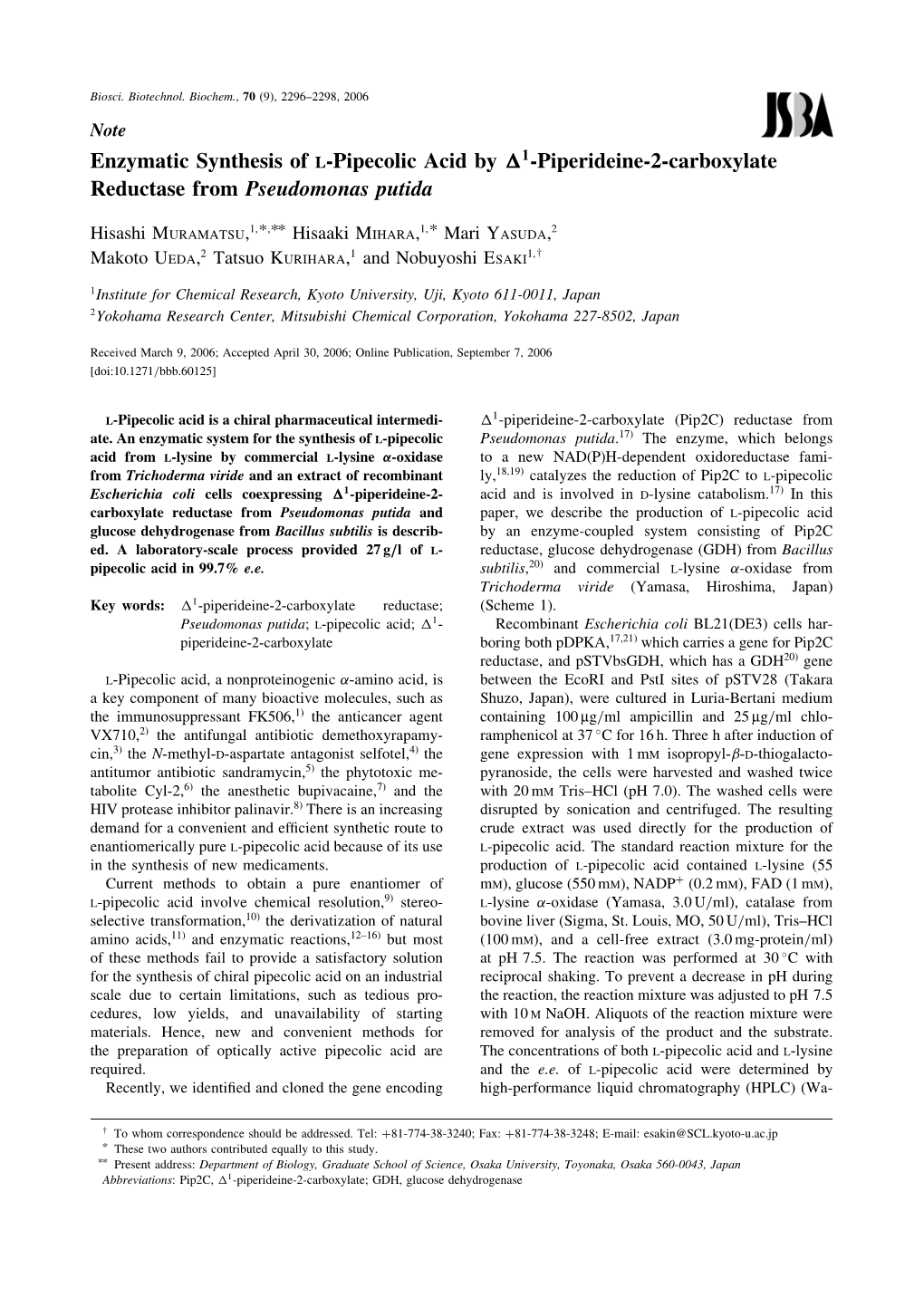 Enzymatic Synthesis of L-Pipecolic Acid by \Delta