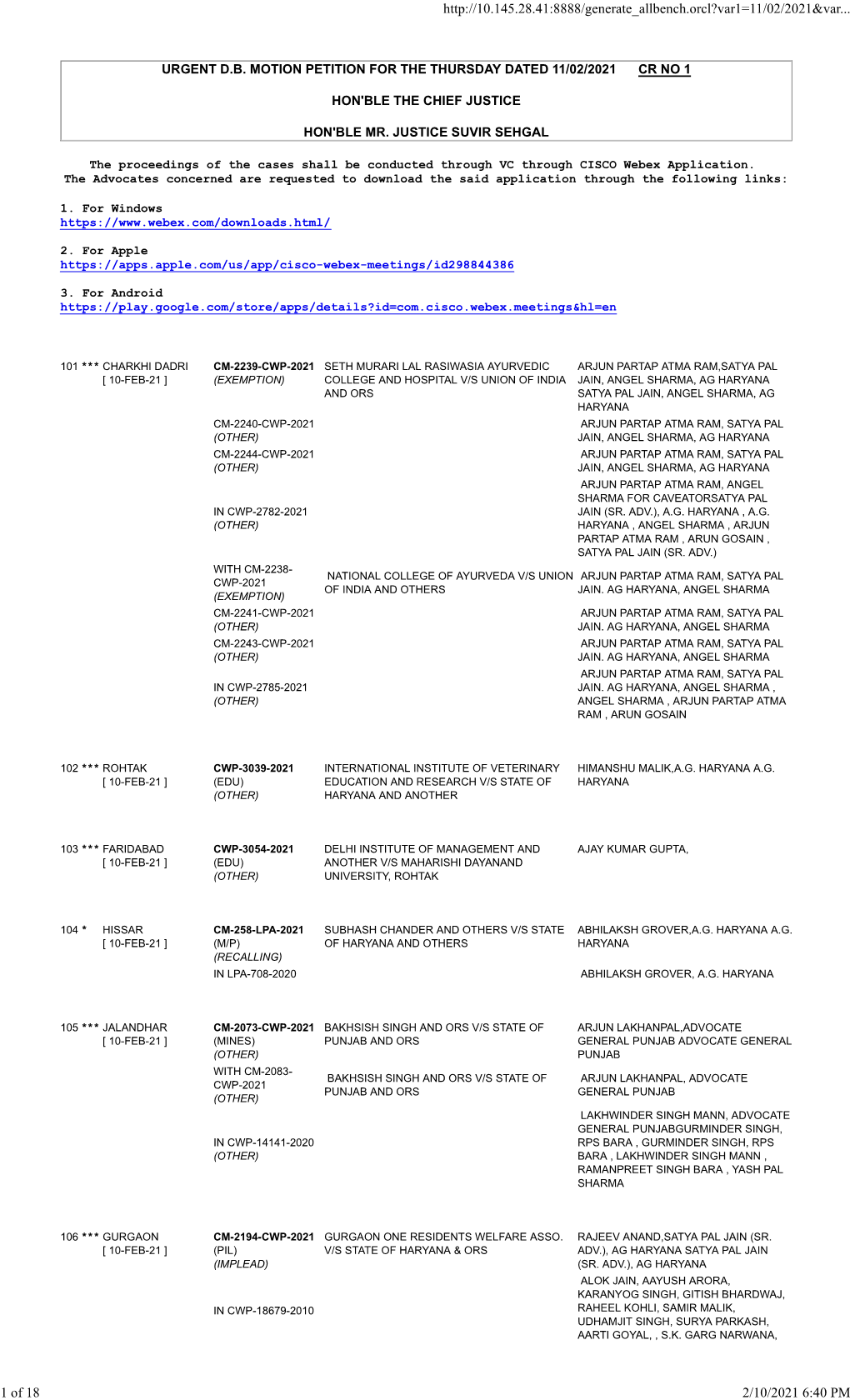 Urgent Db Motion Petition for the Thursday Dated 11/02/2021 Cr No 1