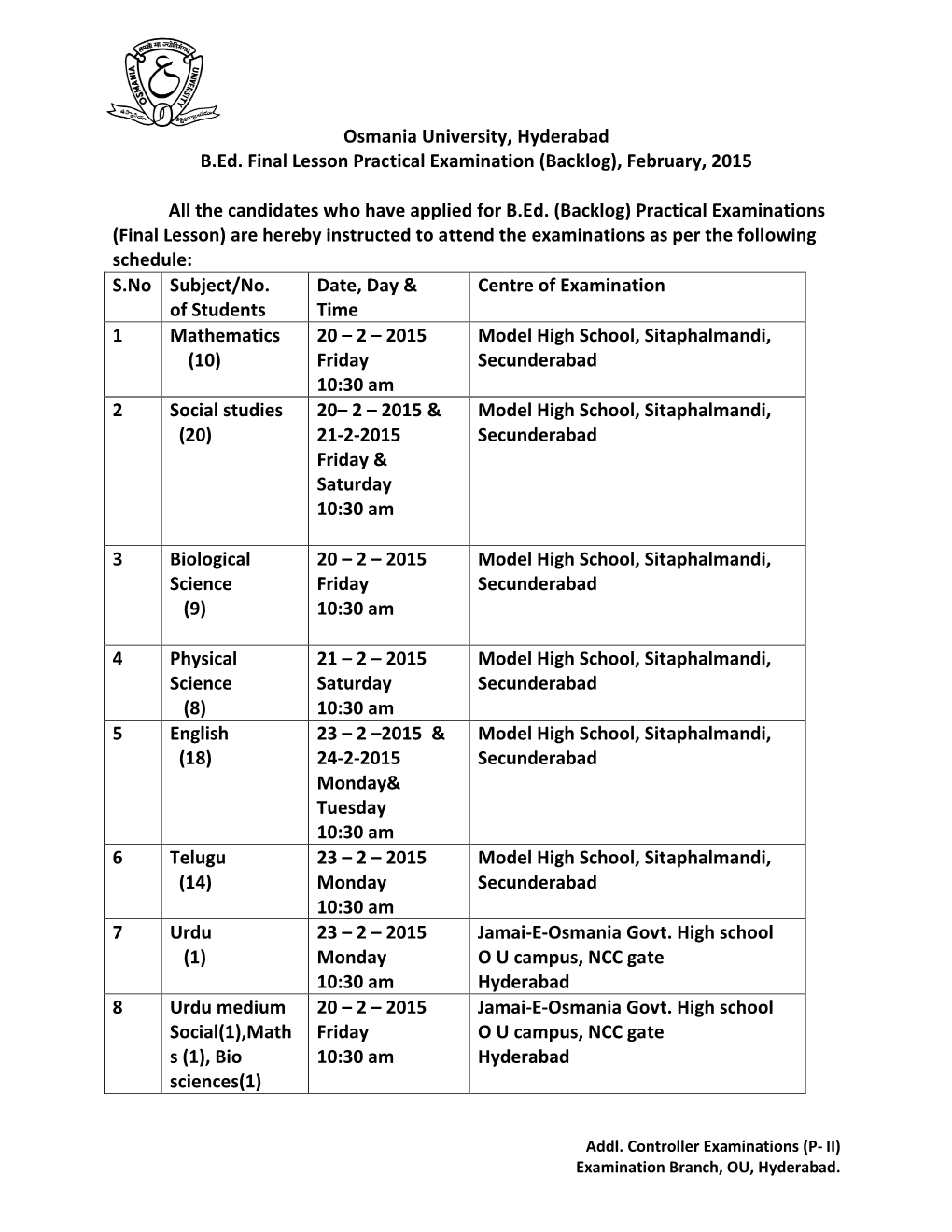 Osmania University, Hyderabad B.Ed. Final Lesson Practical Examination (Backlog), February, 2015