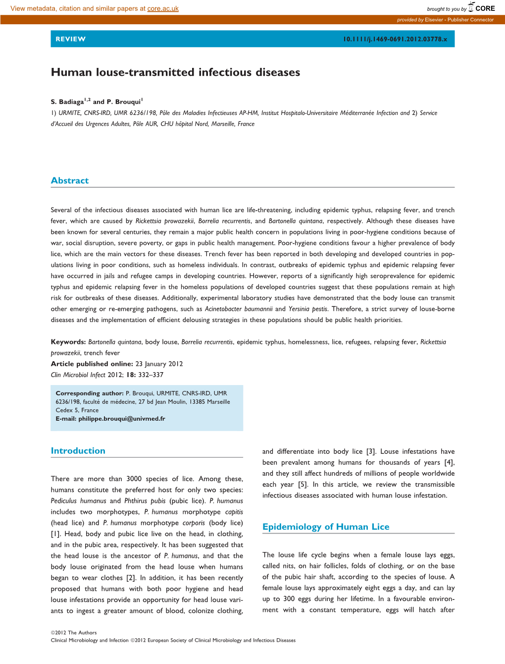 Human Louse-Transmitted Infectious Diseases