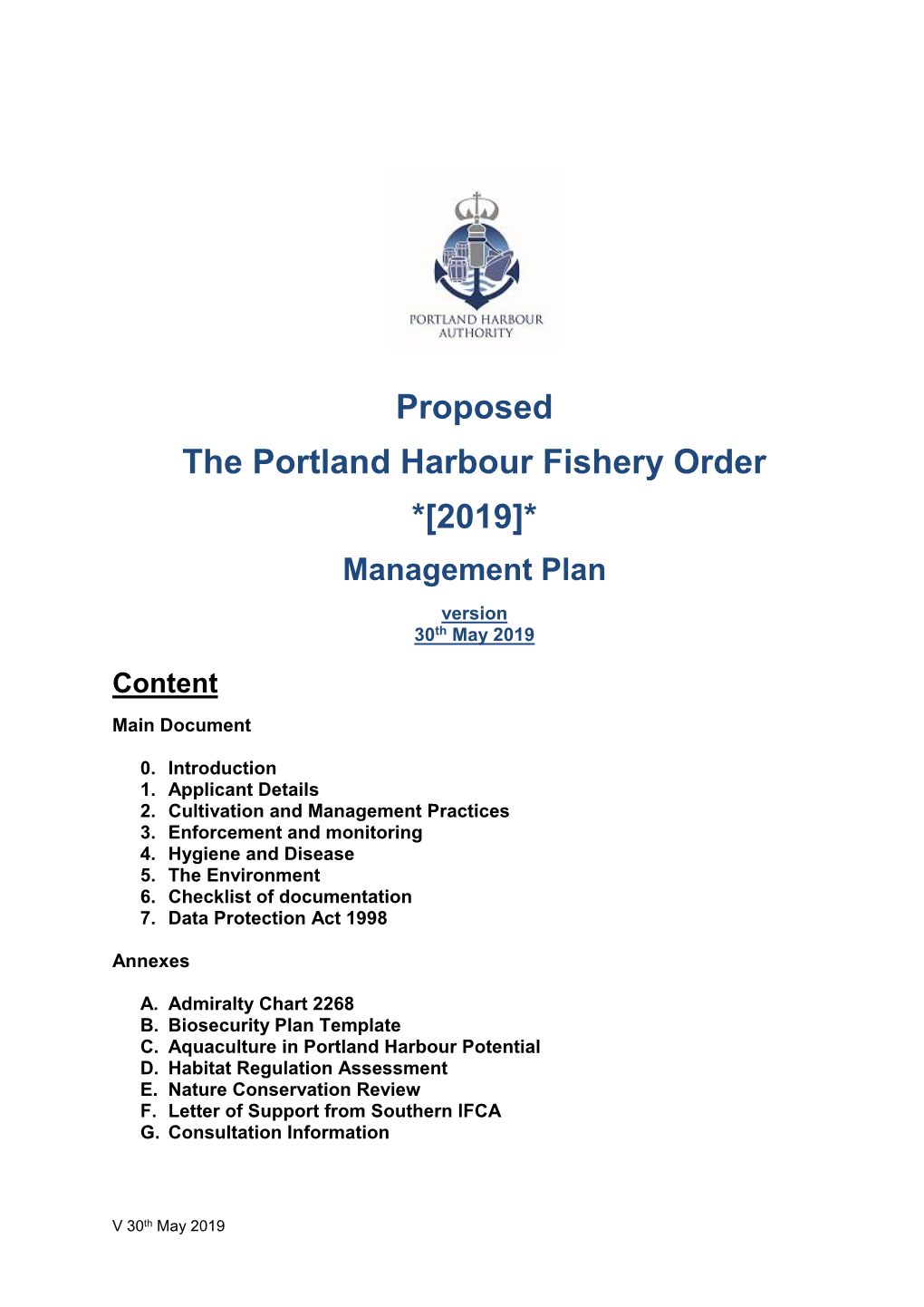 Proposed the Portland Harbour Fishery Order *[2019]* Management Plan Version 30Th May 2019