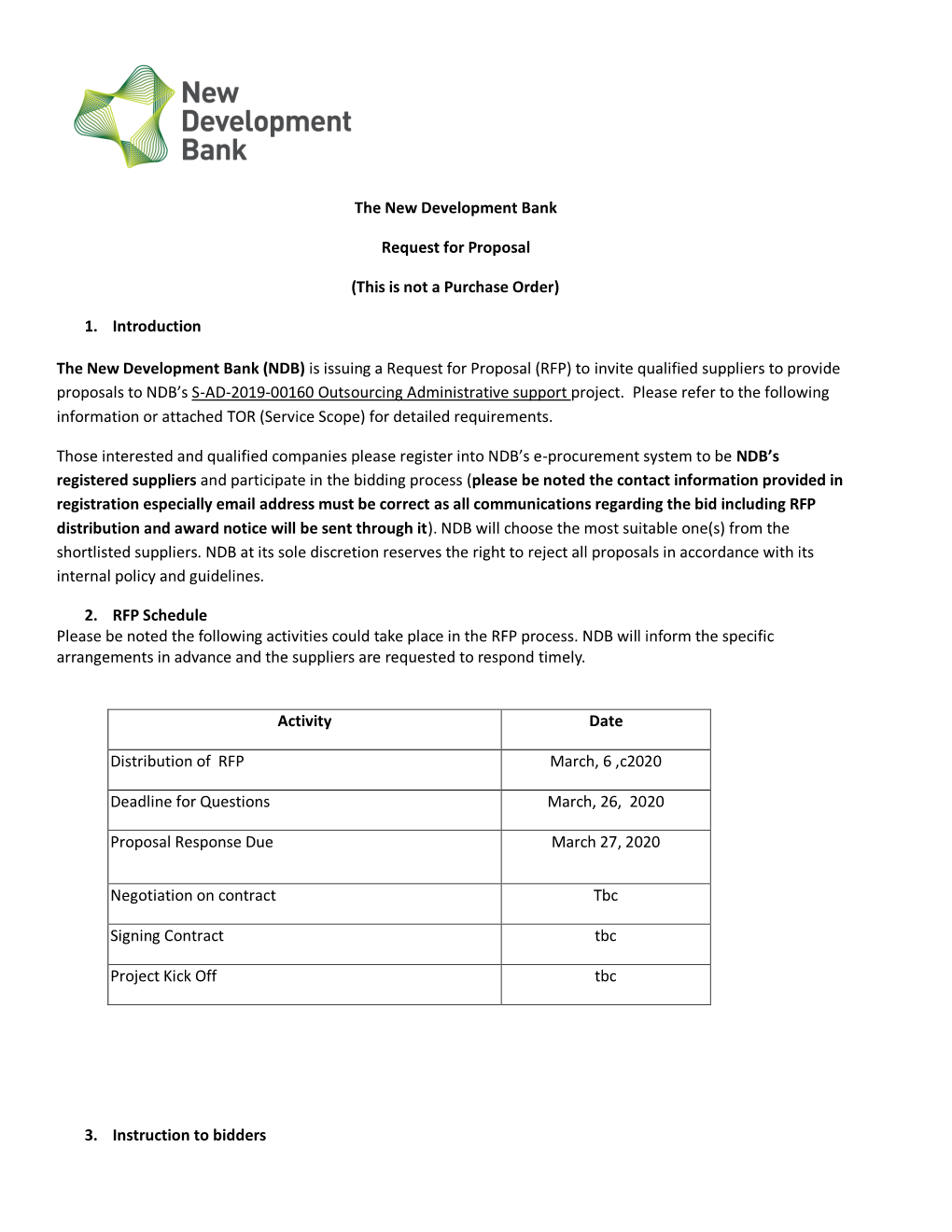 The New Development Bank Request for Proposal (This Is Not a Purchase