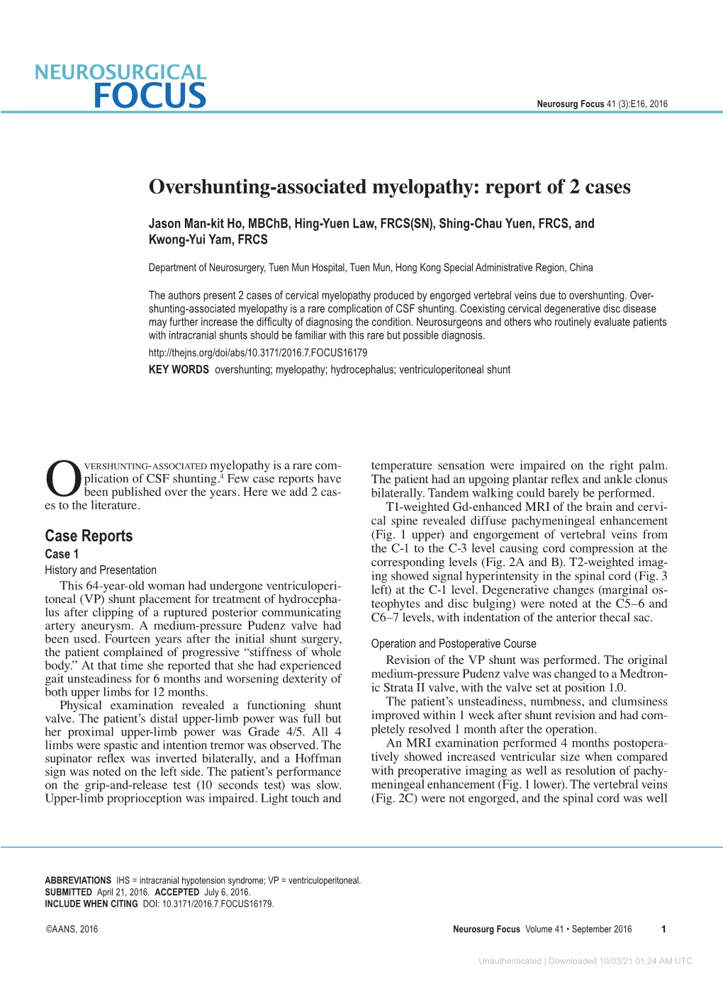 Overshunting-Associated Myelopathy: Report of 2 Cases