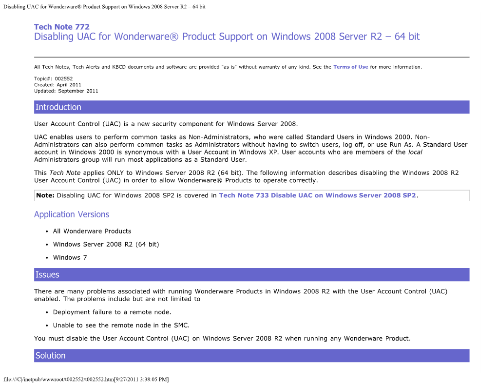 Disabling UAC for Wonderware® Product Support on Windows 2008 Server R2 – 64 Bit