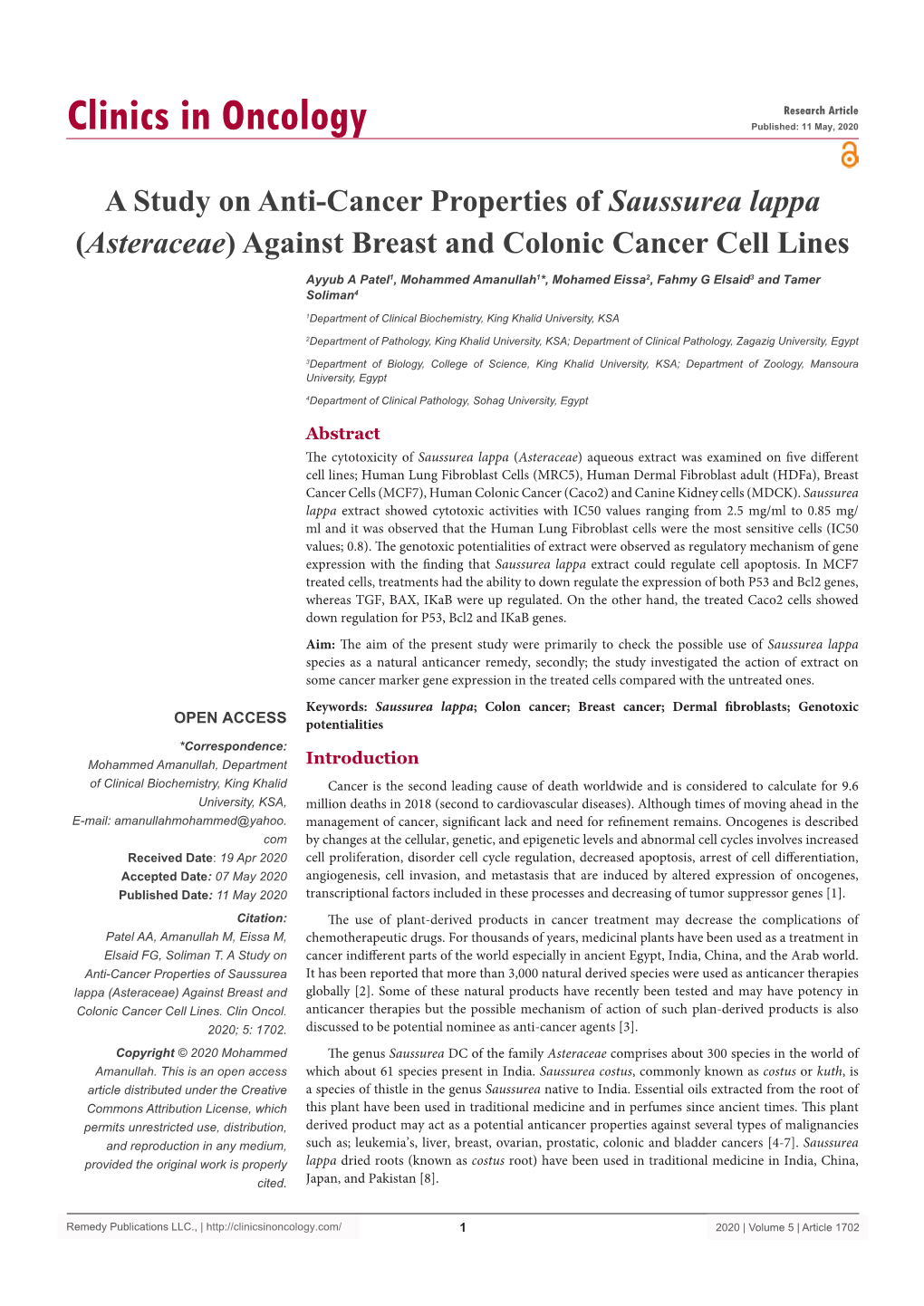 A Study on Anti-Cancer Properties of Saussurea Lappa (Asteraceae) Against Breast and Colonic Cancer Cell Lines