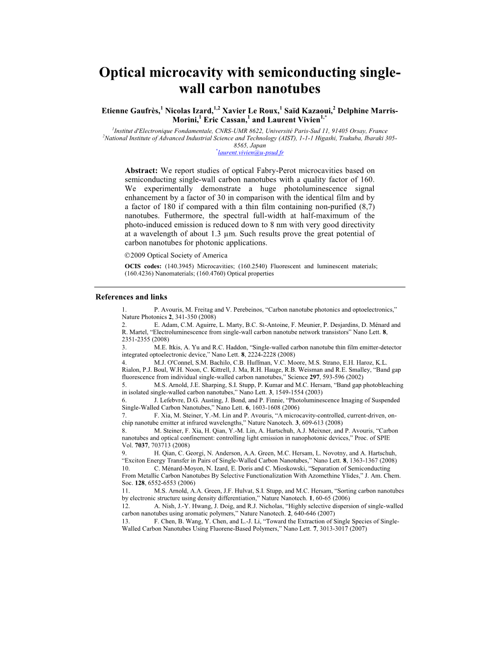 Optical Microcavity with Semiconducting Single- Wall Carbon Nanotubes