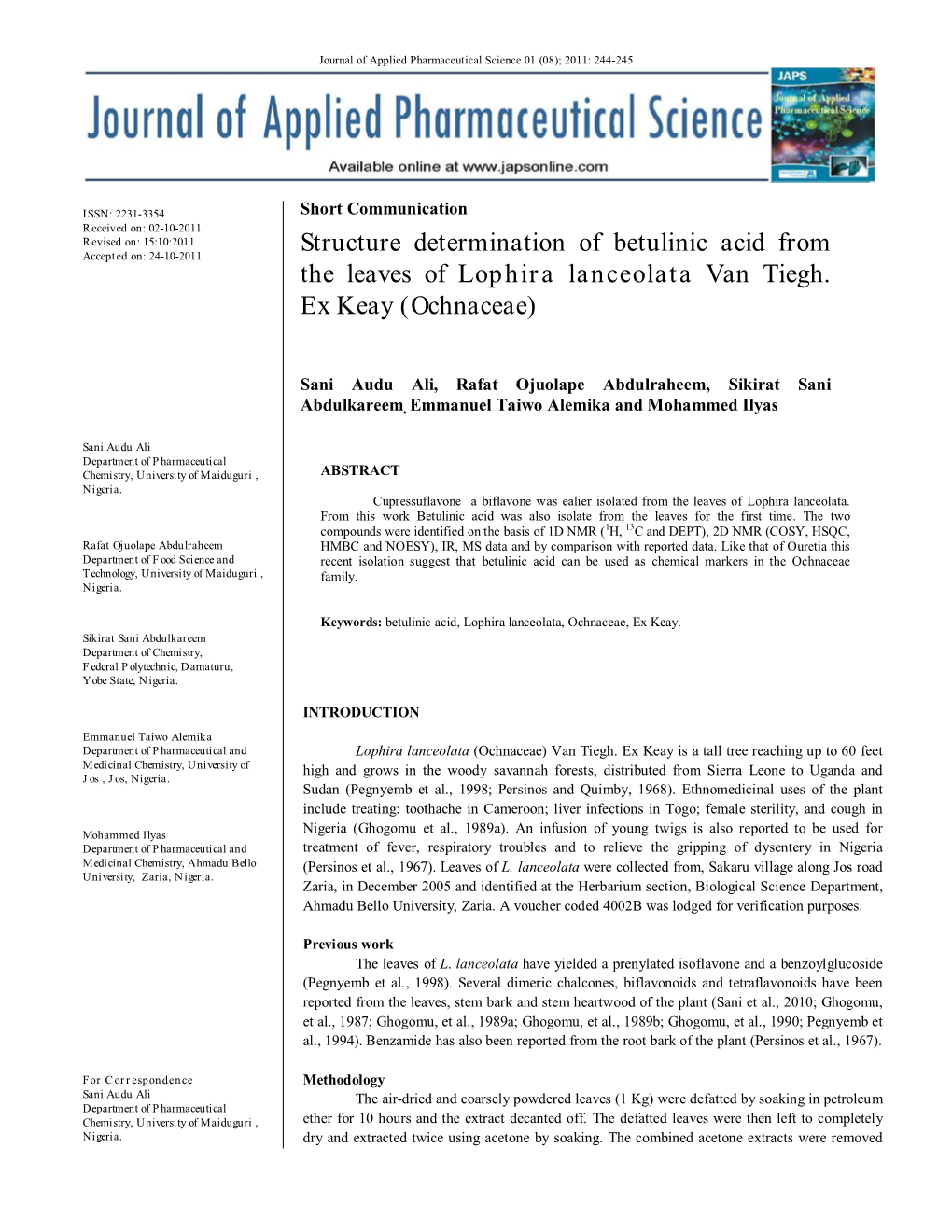 Structure Determination of Betulinic Acid from the Leaves of Lophira