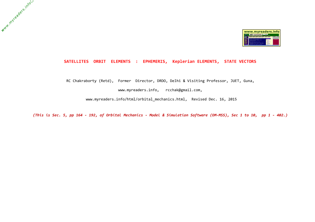 SATELLITES ORBIT ELEMENTS : EPHEMERIS, Keplerian ELEMENTS, STATE VECTORS