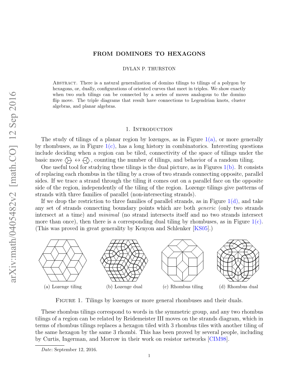 Arxiv:Math/0405482V2 [Math.CO] 12 Sep 2016 (A) Lozenge Tiling (B) Lozenge Dual (C) Rhombus Tiling (D) Rhombus Dual