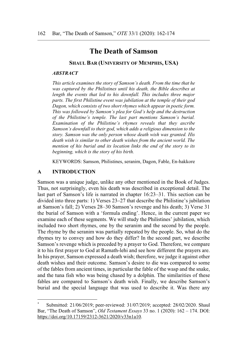 The Death of Samson,” OTE 33/1 (2020): 162-174