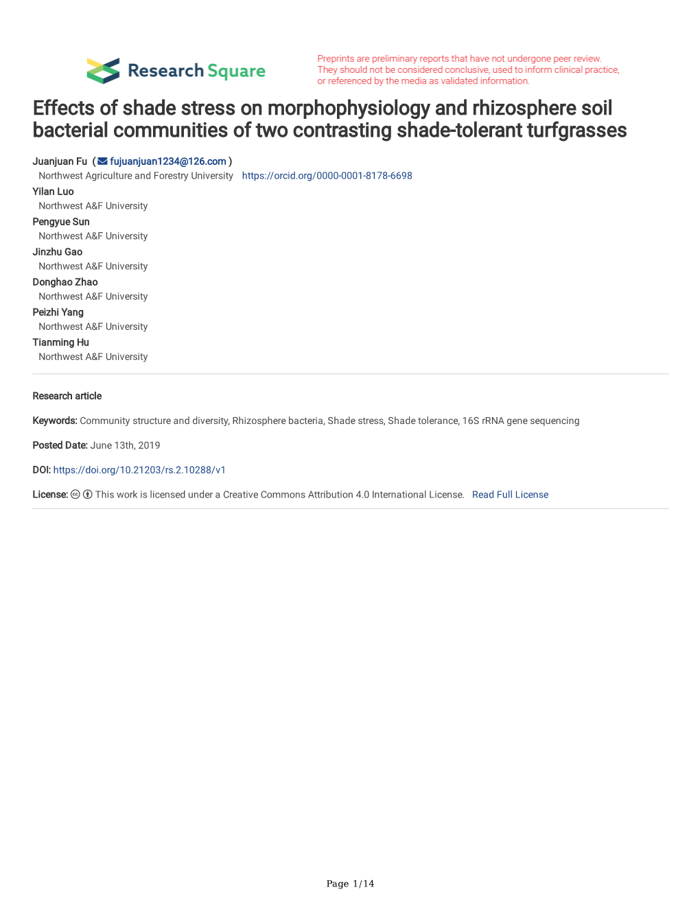 Effects of Shade Stress on Morphophysiology and Rhizosphere Soil Bacterial Communities of Two Contrasting Shade-Tolerant Turfgrasses