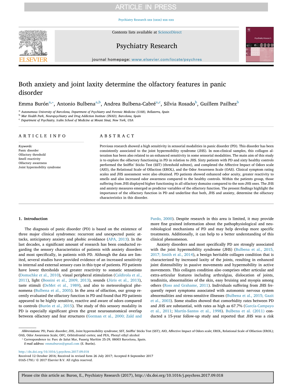 Both Anxiety and Joint Laxity Determine the Olfactory Features in Panic Disorder