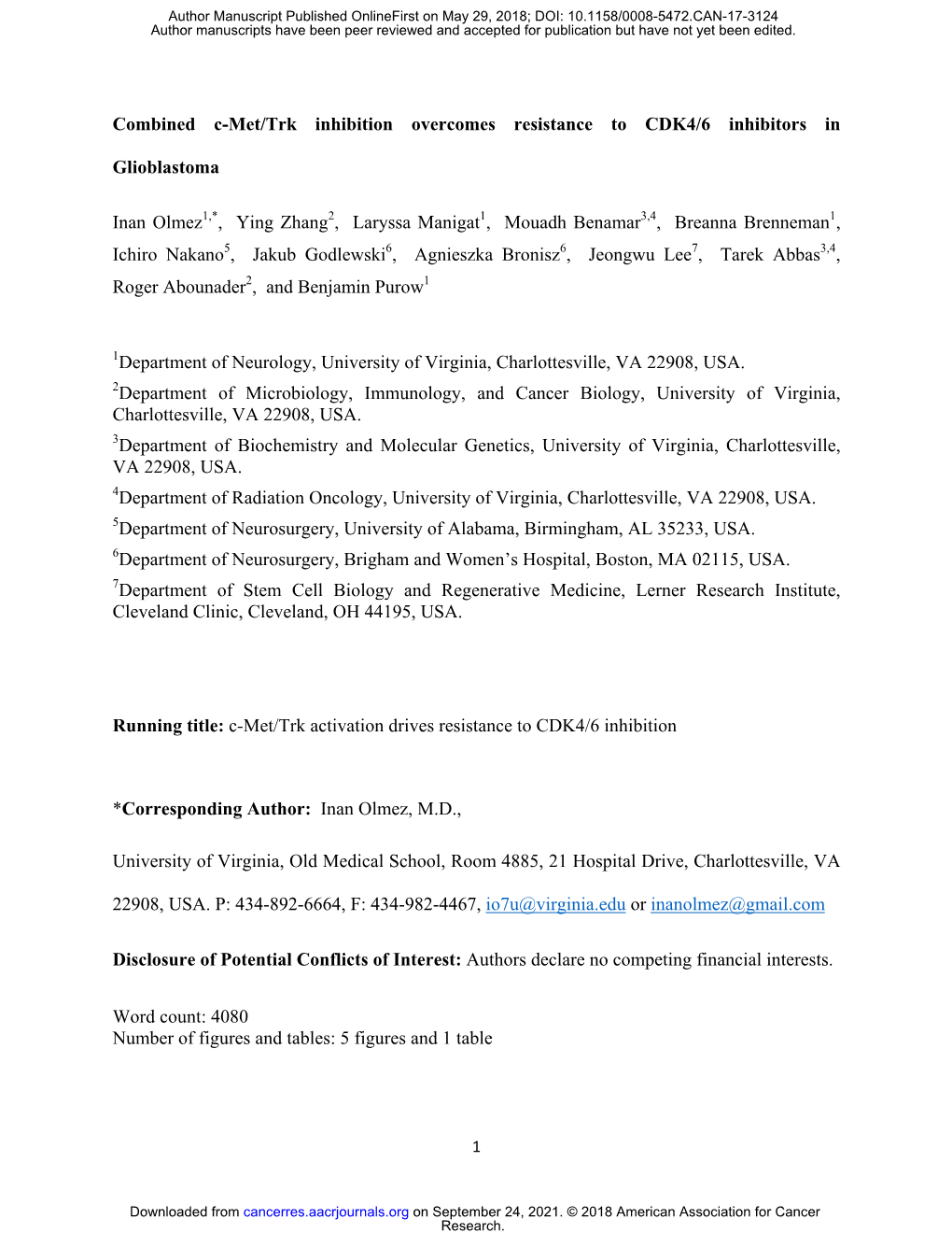 Combined C-Met/Trk Inhibition Overcomes Resistance to CDK4/6 Inhibitors In