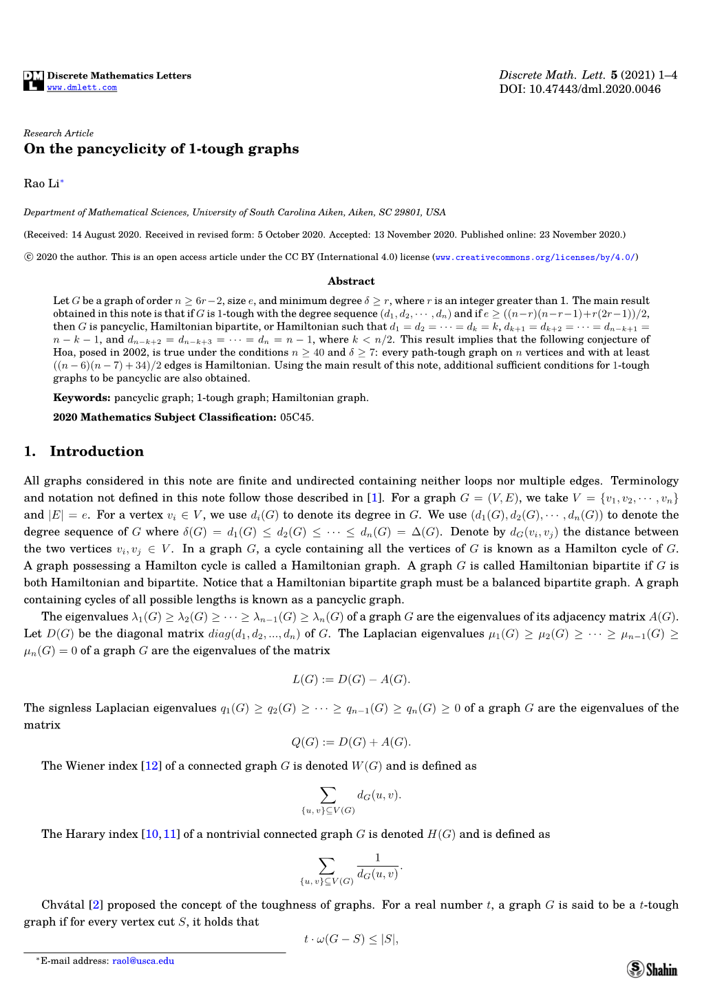 On the Pancyclicity of 1-Tough Graphs 1