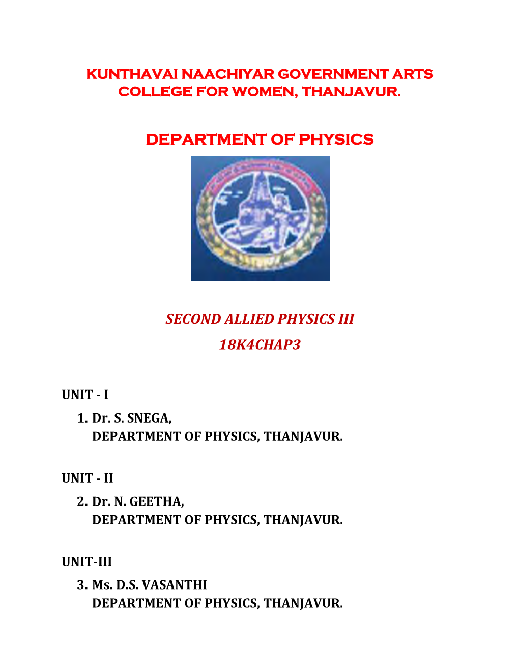 Department of Physics Second Allied Physics Iii