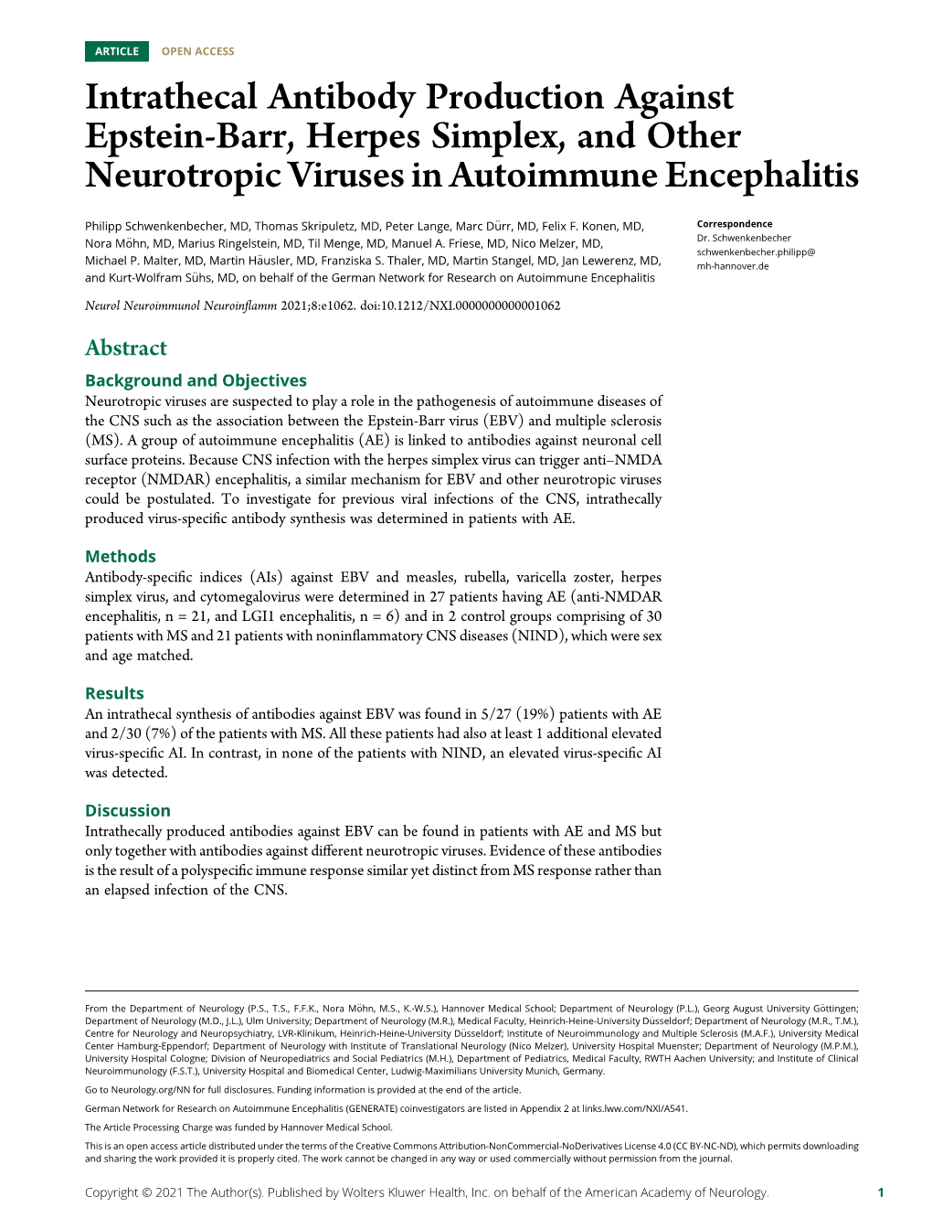 Intrathecal Antibody Production Against Epstein-Barr, Herpes Simplex, and Other Neurotropic Viruses in Autoimmune Encephalitis