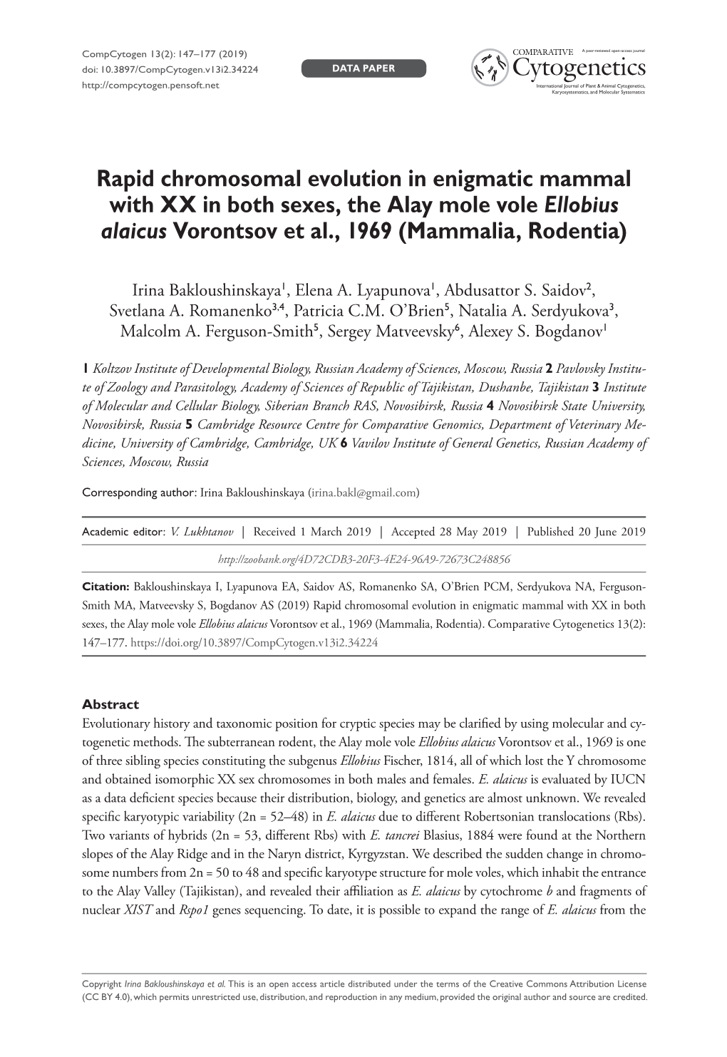 Rapid Chromosomal Evolution in Enigmatic Mammal with XX in Both Sexes, the Alay Mole Vole Ellobius Alaicus Vorontsov Et Al., 1969 (Mammalia, Rodentia)