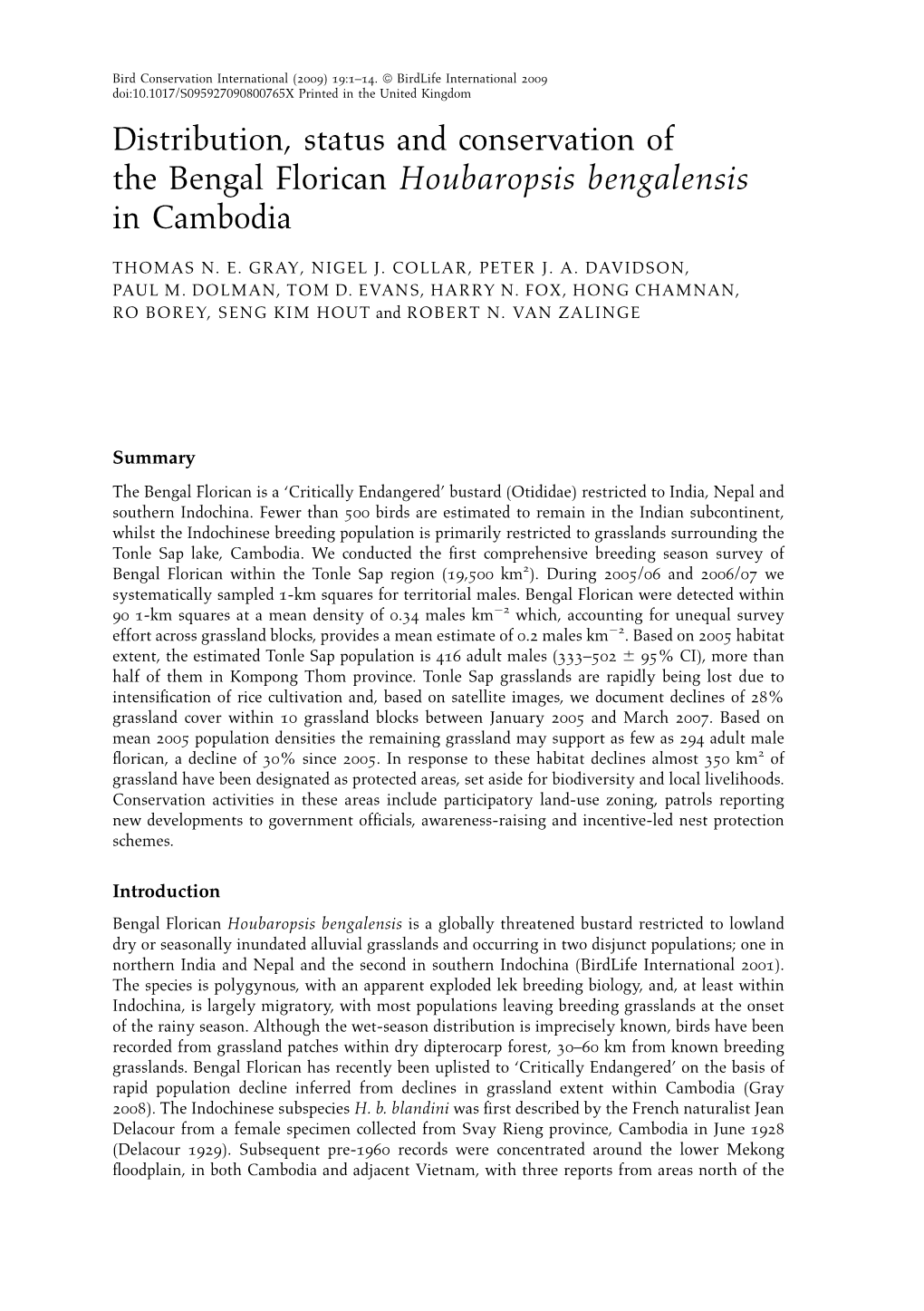 Distribution, Status and Conservation of the Bengal Florican Houbaropsis Bengalensis in Cambodia