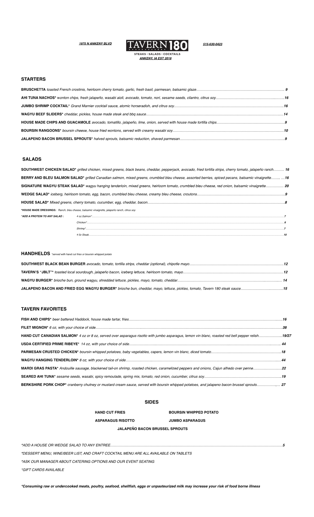 Tavern 180 Menu