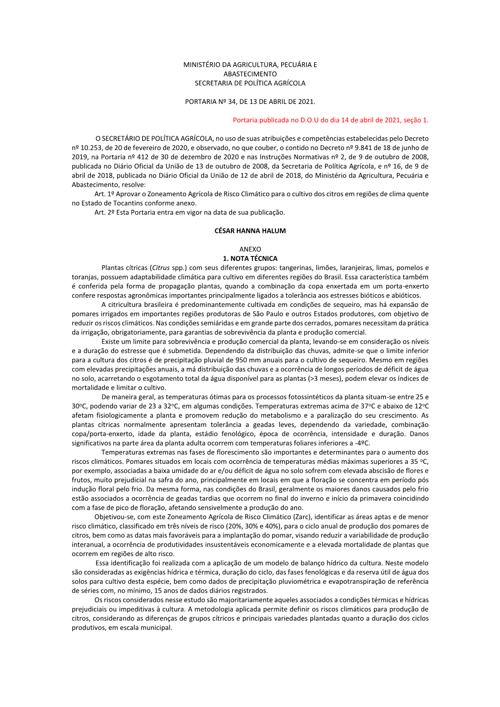 Ministério Da Agricultura, Pecuária E Abastecimento Secretaria De Política Agrícola