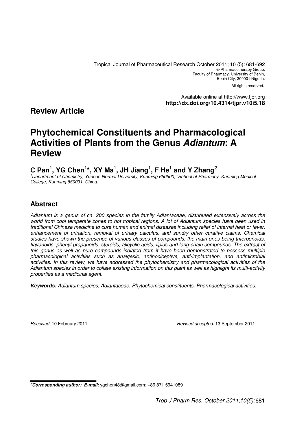 Phytochemical Constituents and Pharmacological Activities of Plants from the Genus Adiantum : a Review