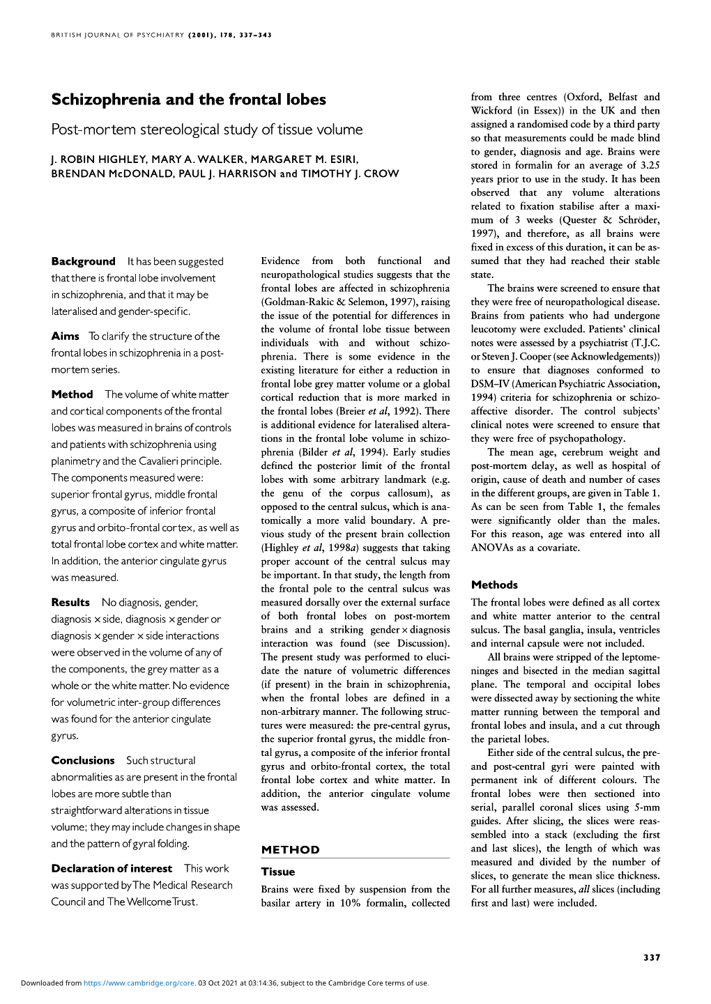 Schizophrenia and the Frontal Lobes Post-Mortem Stereological Study Of