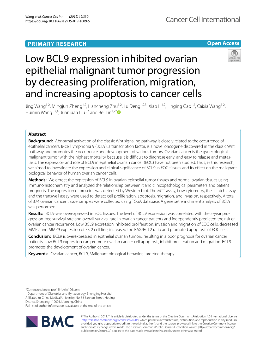 Low BCL9 Expression Inhibited Ovarian Epithelial Malignant Tumor