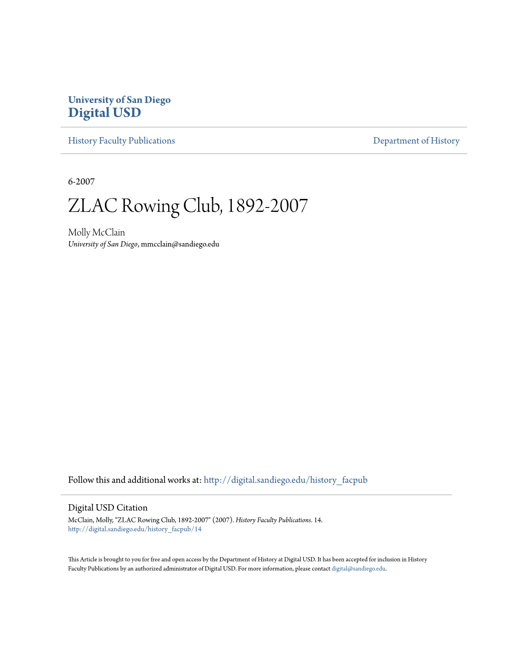 ZLAC Rowing Club, 1892-2007 Molly Mcclain University of San Diego, Mmcclain@Sandiego.Edu