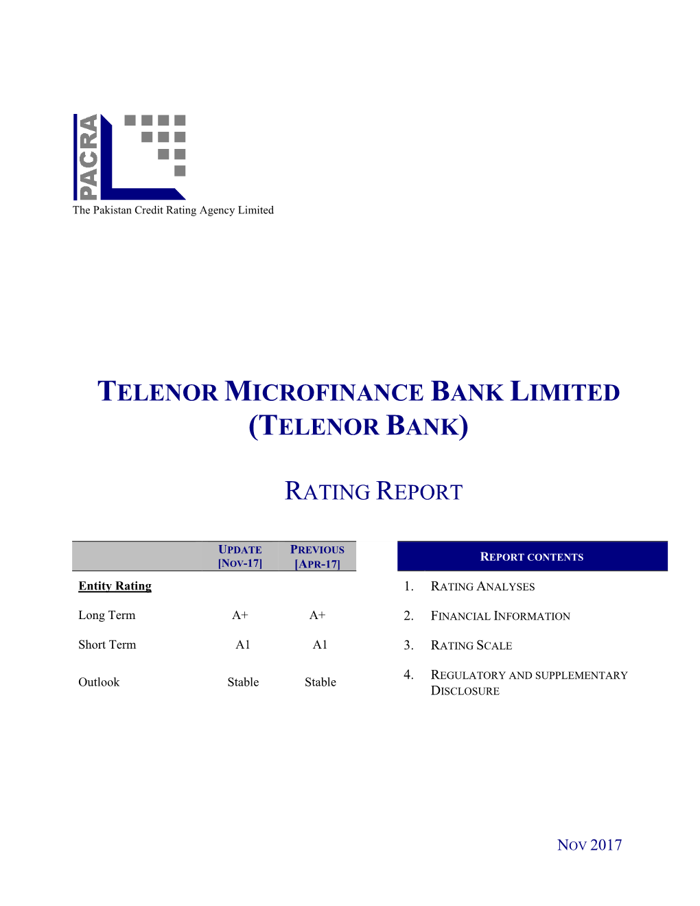 TELENOR MICROFINANCE BANK LIMITED (TELENOR BANK) November 2017