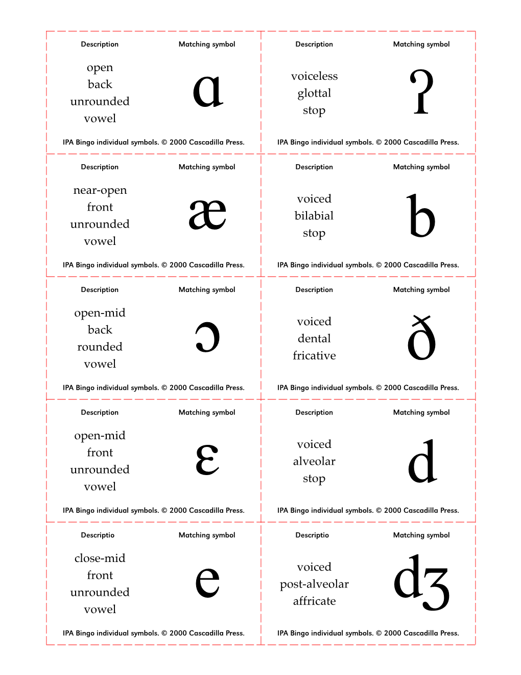 IPA Bingo Individual Symbols