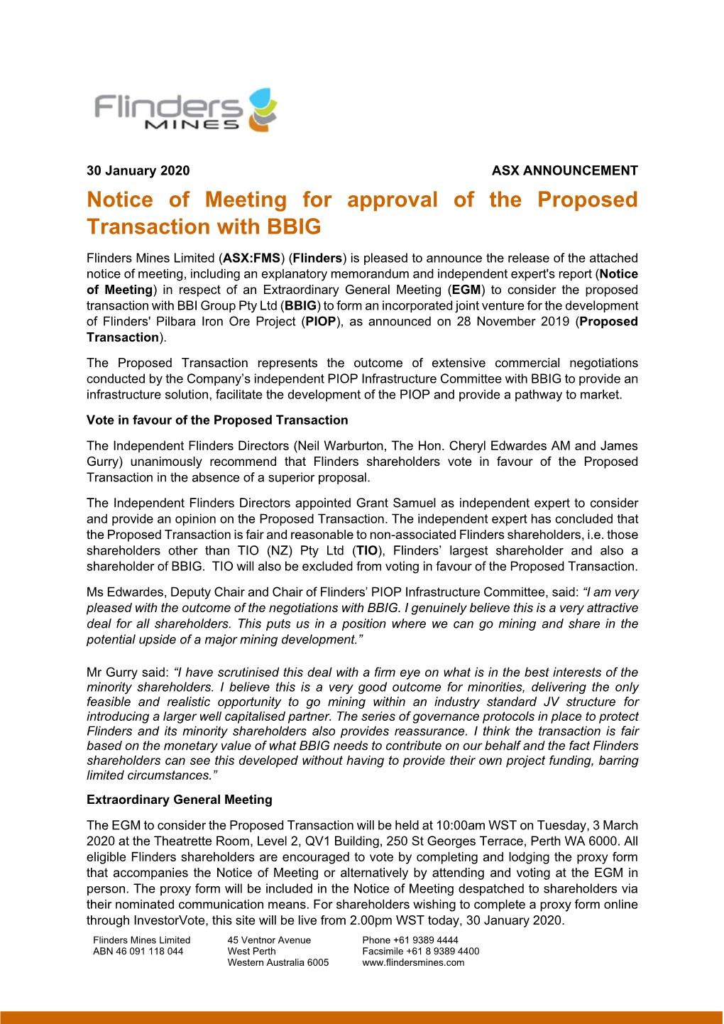 Notice of Meeting for Approval of the Proposed Transaction with BBIG