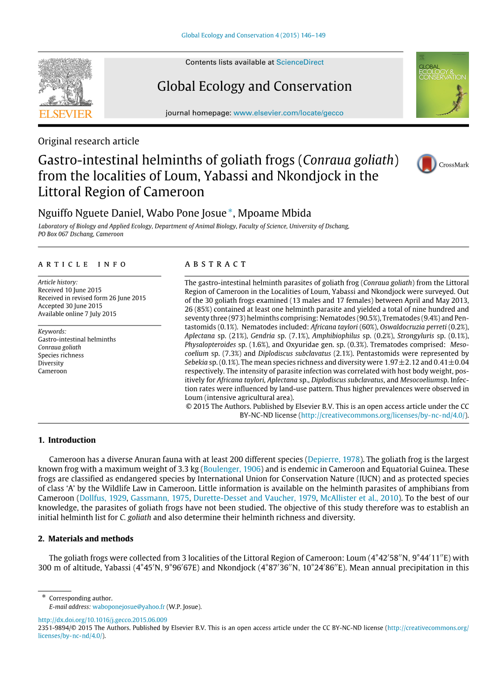 Gastro-Intestinal Helminths of Goliath Frogs