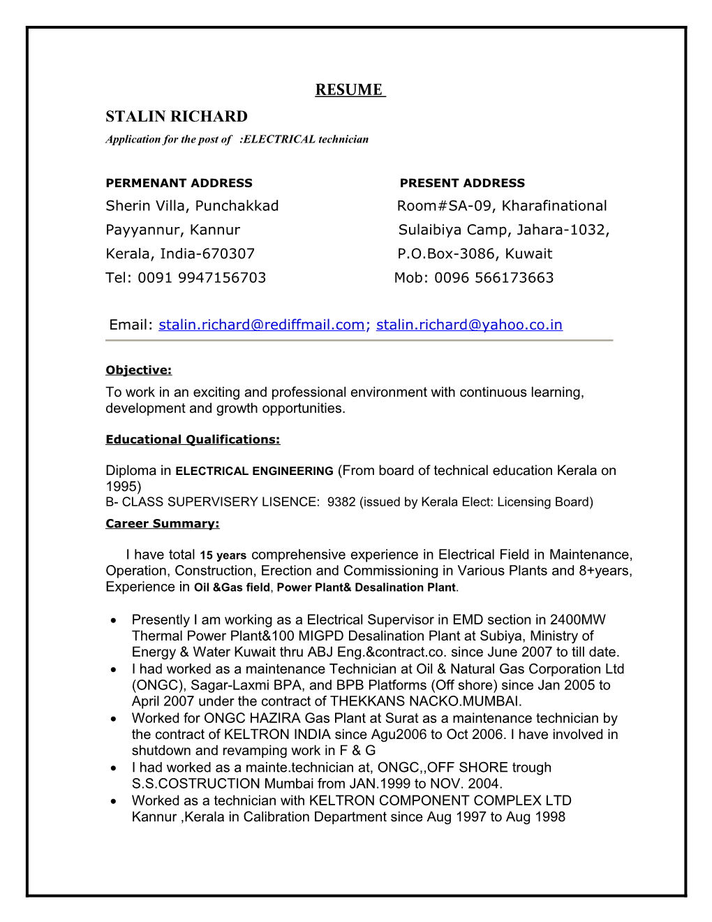 Application for the Post of :ELECTRICAL Technician