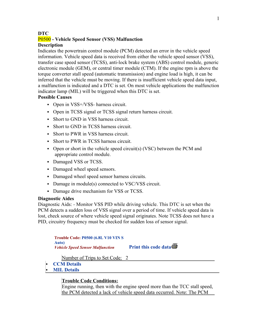 P0500 - Vehicle Speed Sensor (VSS) Malfunction