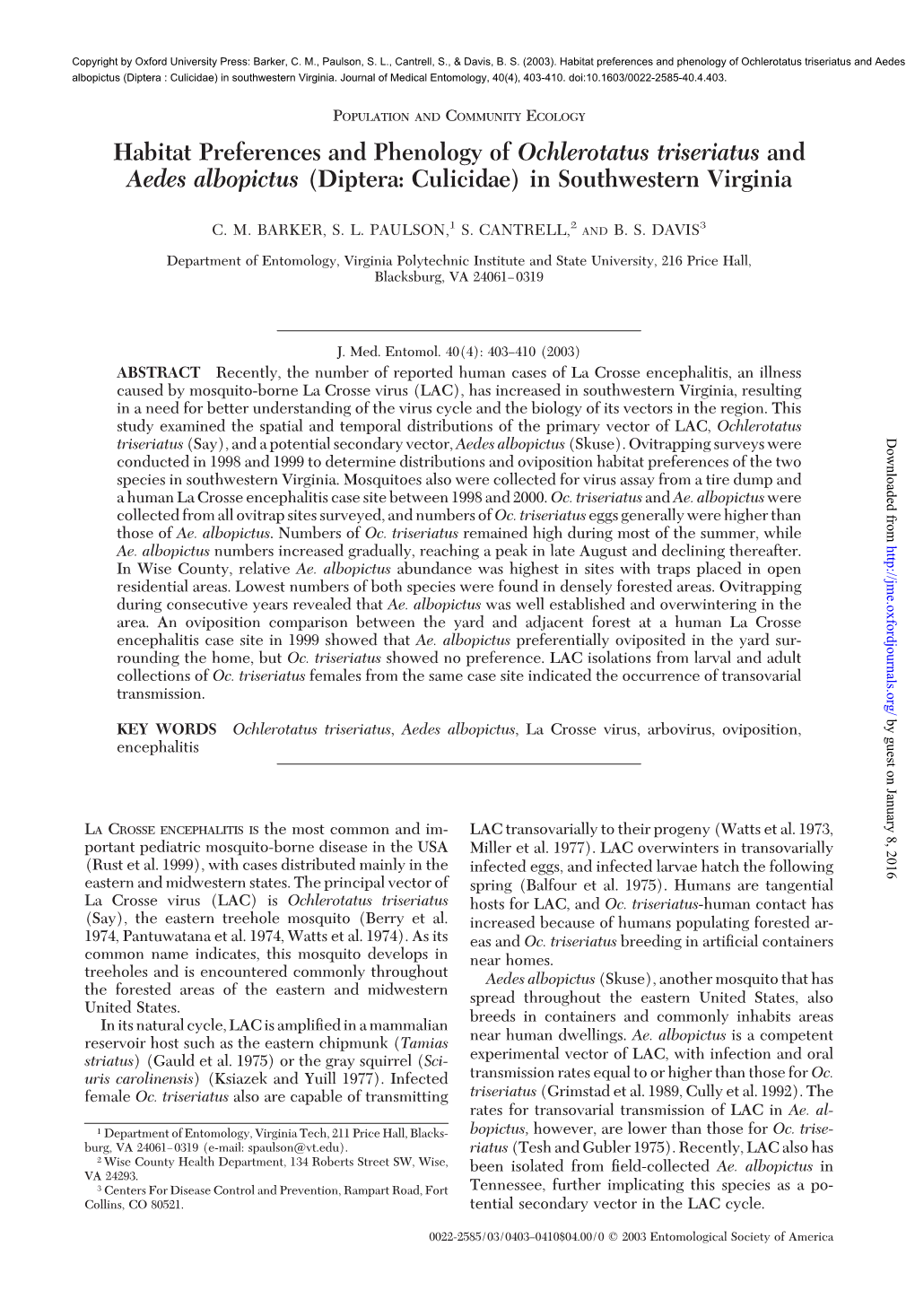 Habitat Preferences and Phenology of Ochlerotatus Triseriatus and Aedes Albopictus (Diptera: Culicidae) in Southwestern Virginia