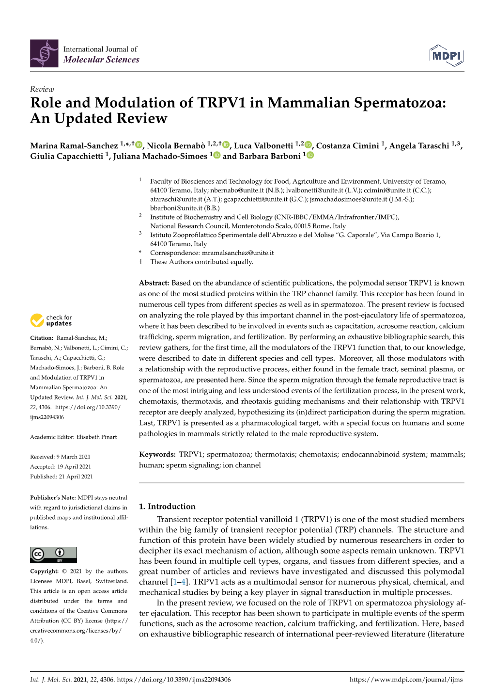 Role and Modulation of TRPV1 in Mammalian Spermatozoa: an Updated Review