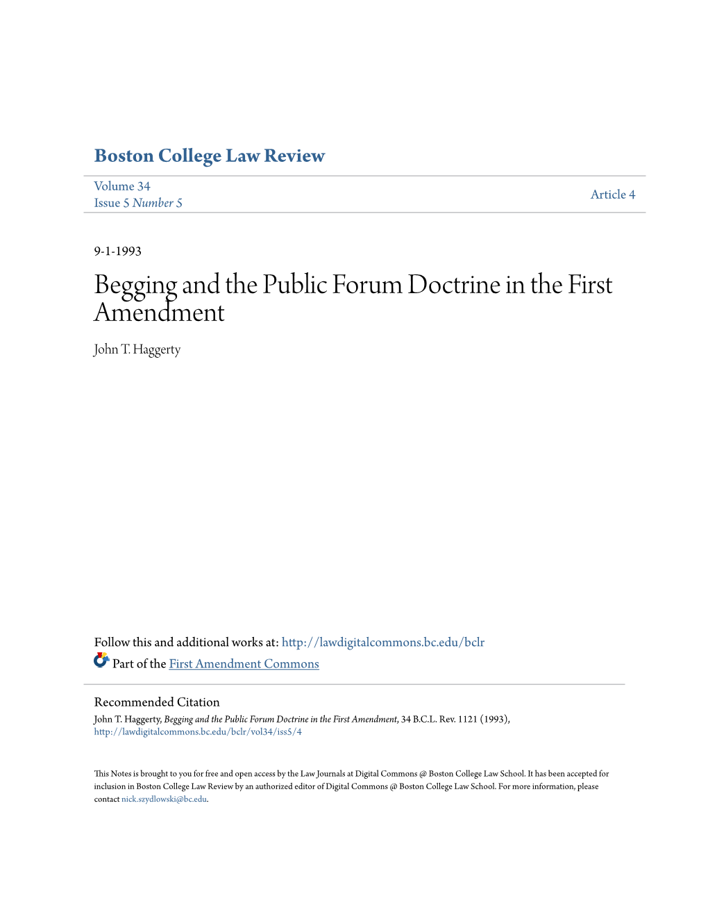 Begging and the Public Forum Doctrine in the First Amendment John T