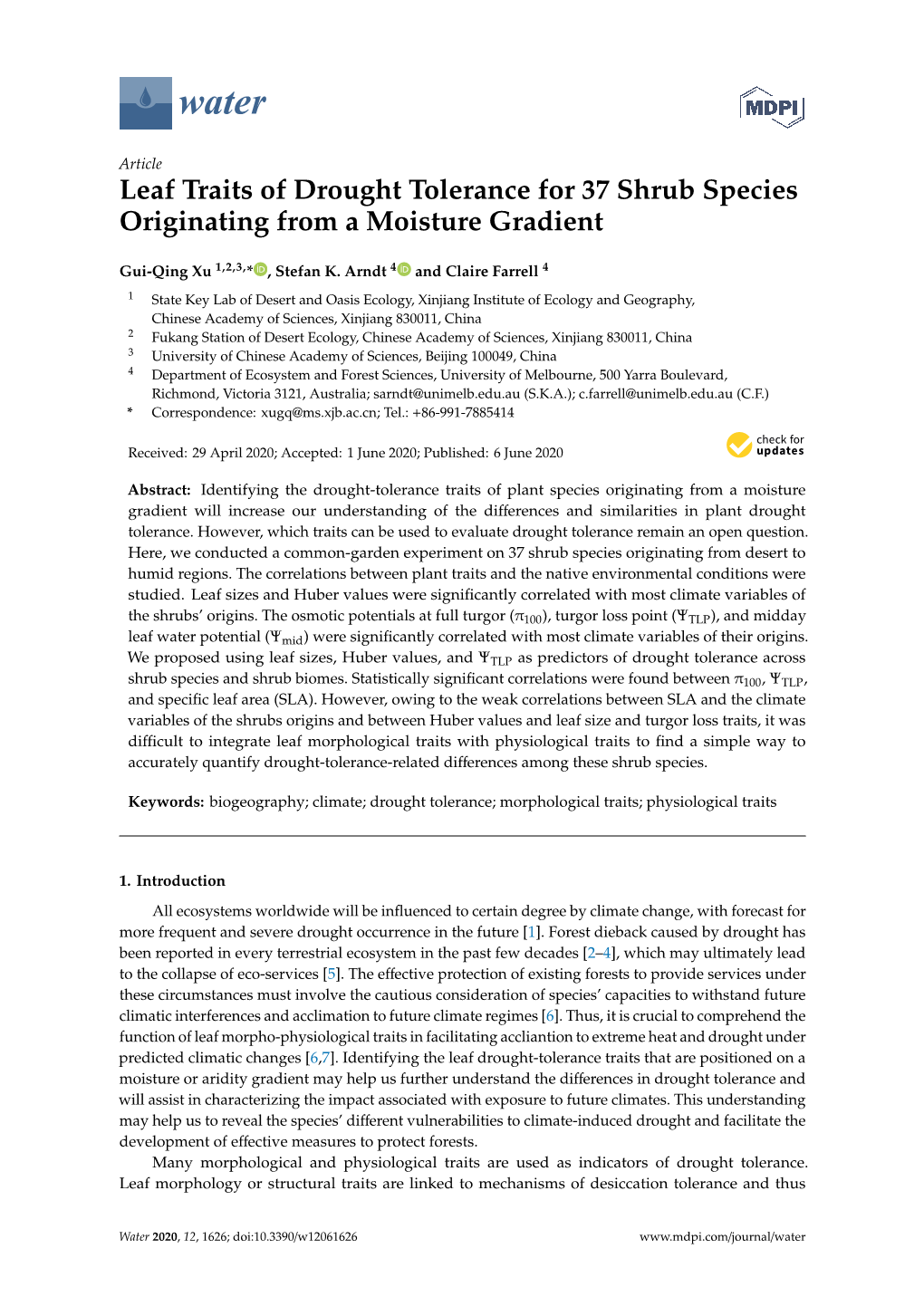 Leaf Traits of Drought Tolerance for 37 Shrub Species Originating from a Moisture Gradient