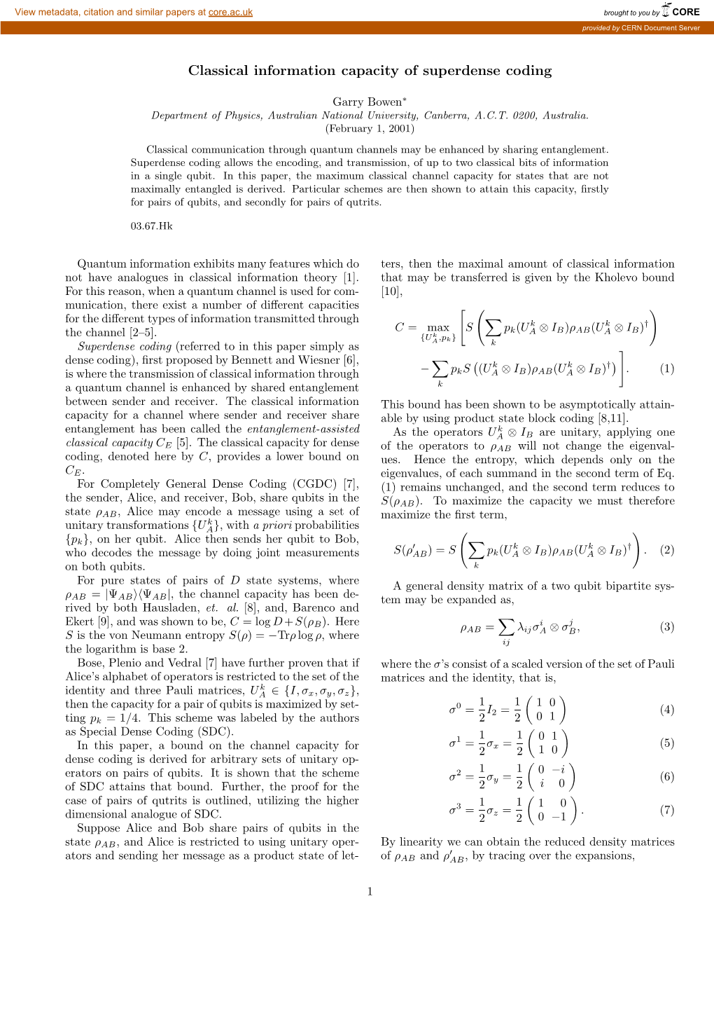 Classical Information Capacity of Superdense Coding