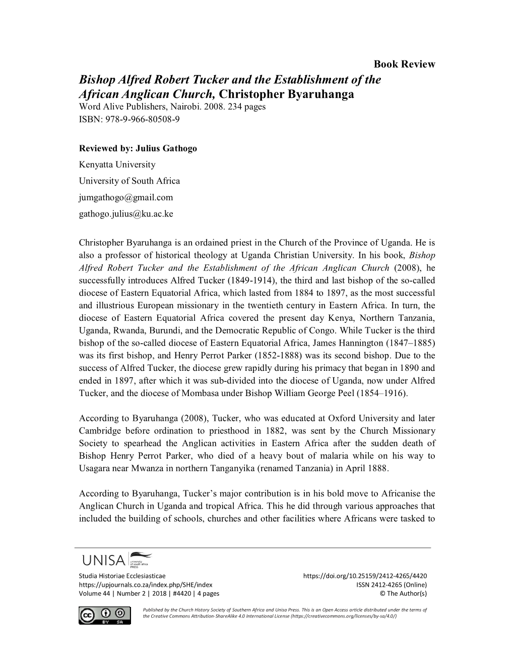 Bishop Alfred Robert Tucker and the Establishment of the African Anglican Church, Christopher Byaruhanga Word Alive Publishers, Nairobi