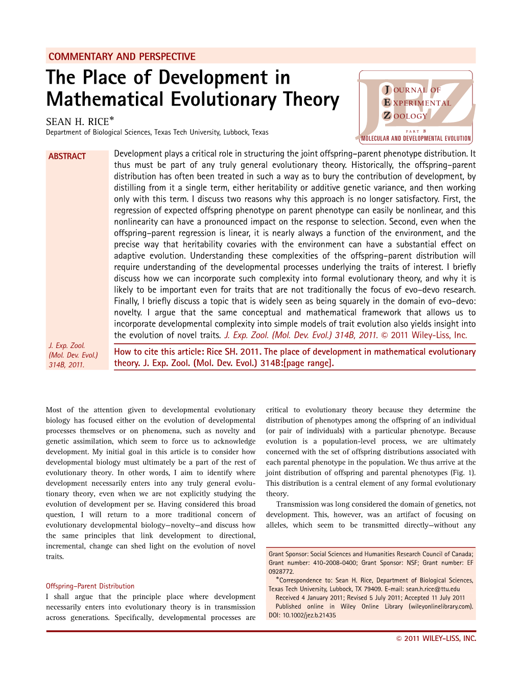 The Place of Development in Mathematical Evolutionary Theory SEAN H