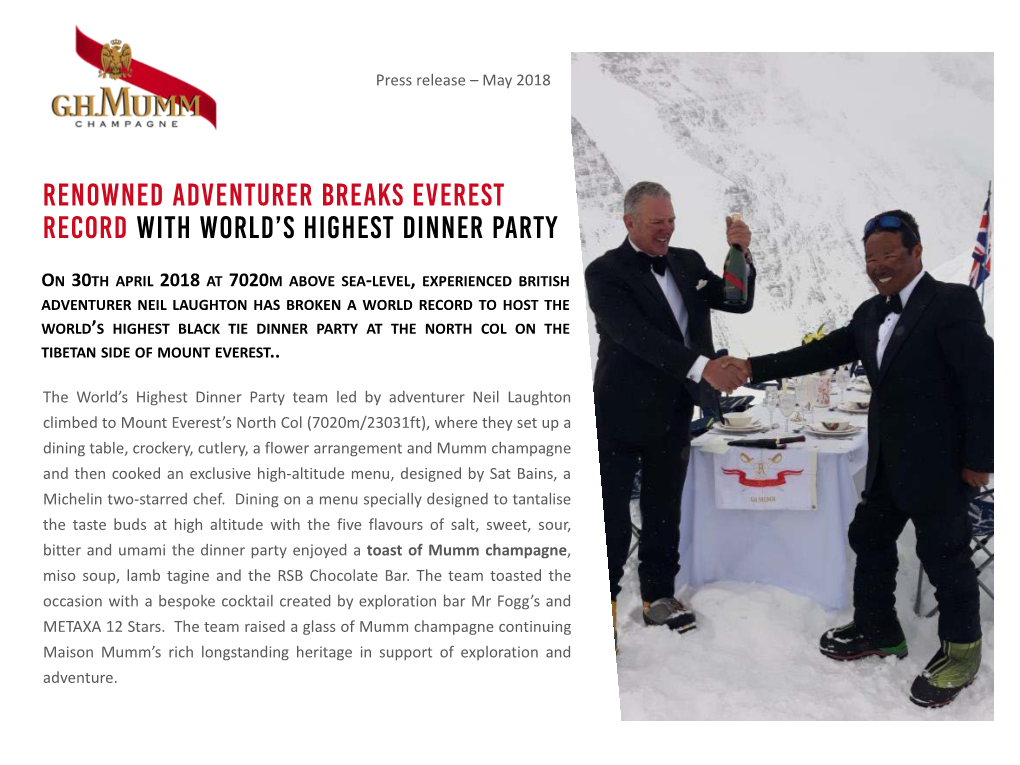 Renowned Adventurer Breaks Everest Record with World's Highest Dinner Party