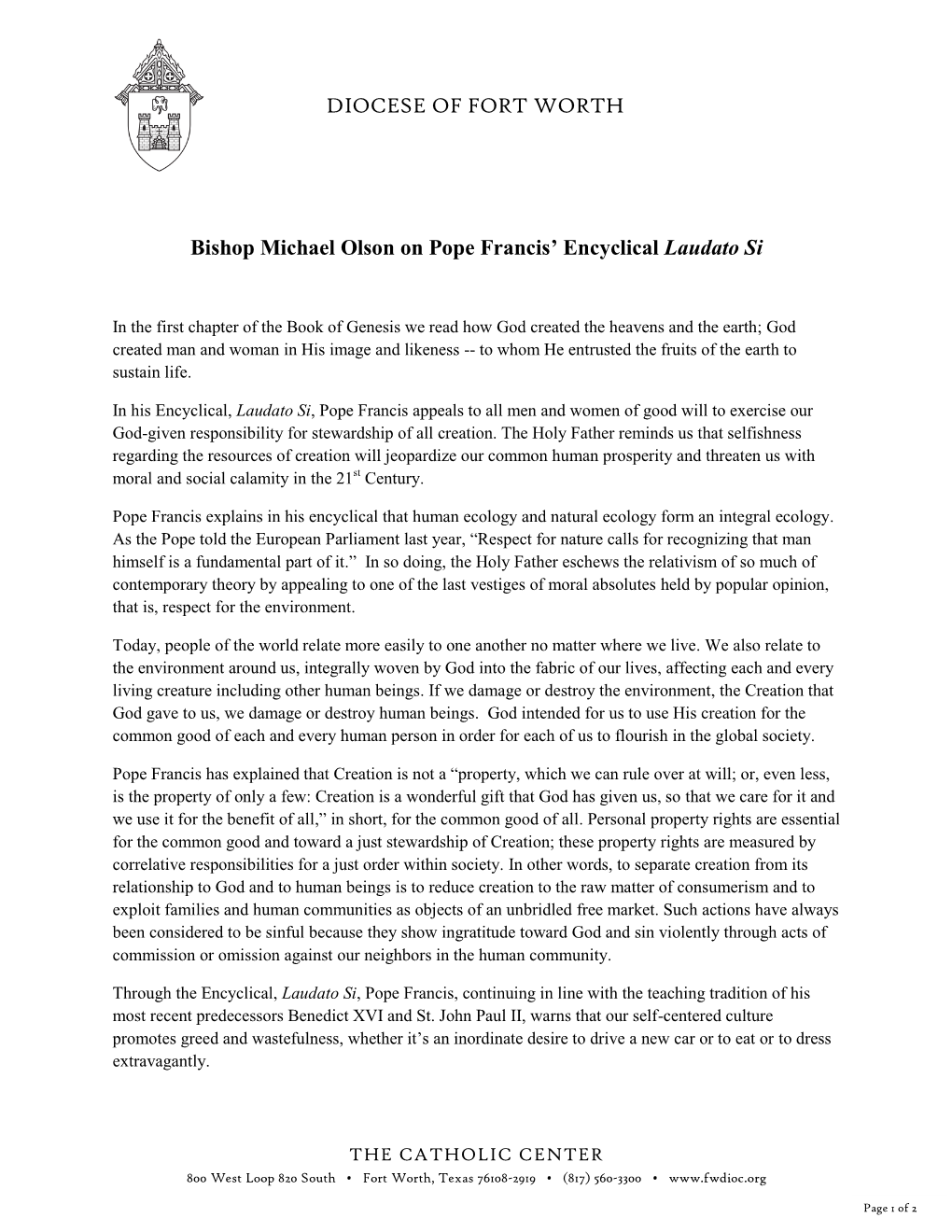 DIOCESE of FORT WORTH Bishop Michael Olson on Pope Francis