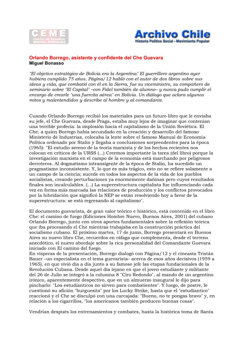 Orlando Borrego Asistente Y Confidente Del Che Guevara