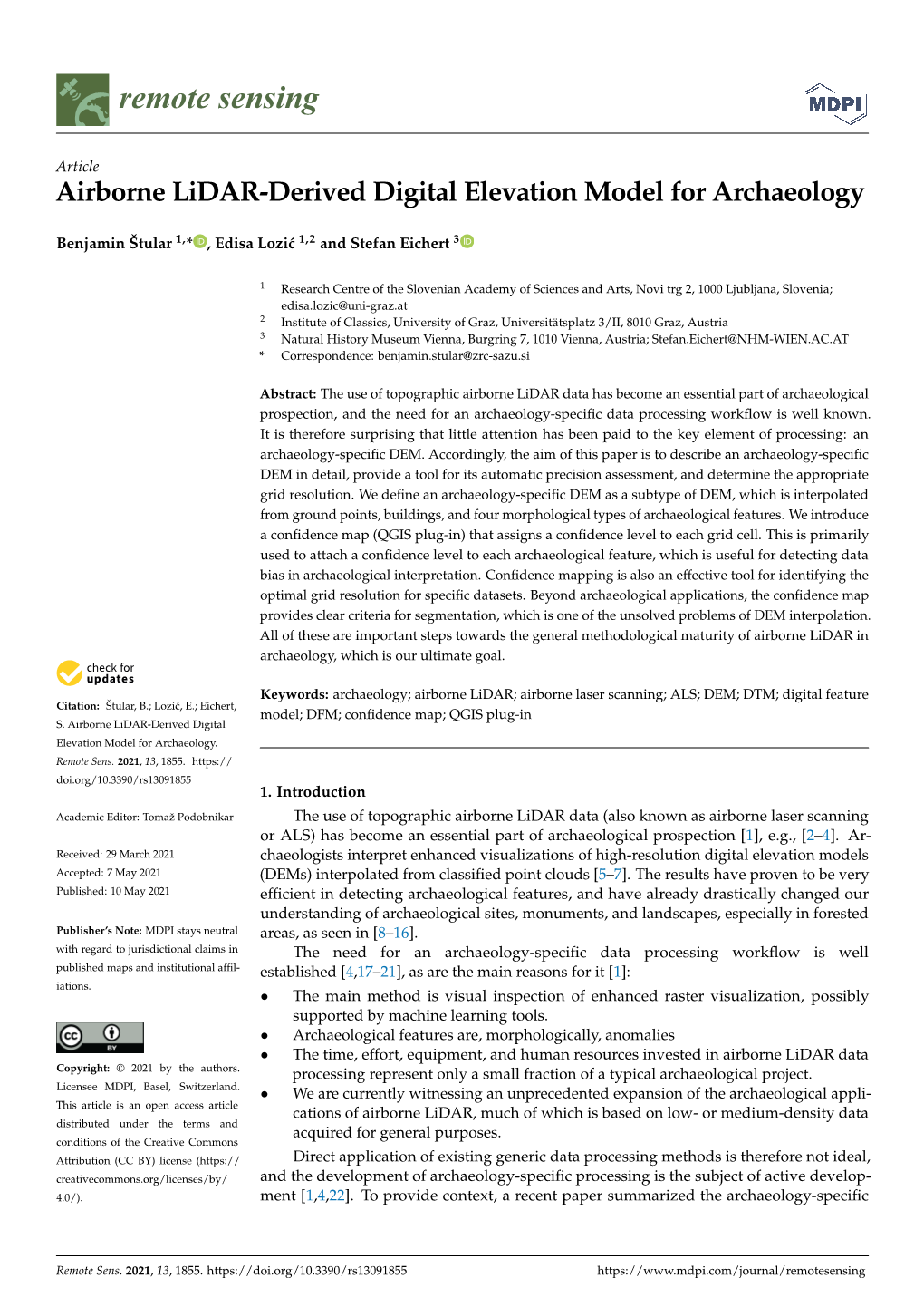 Airborne Lidar-Derived Digital Elevation Model for Archaeology