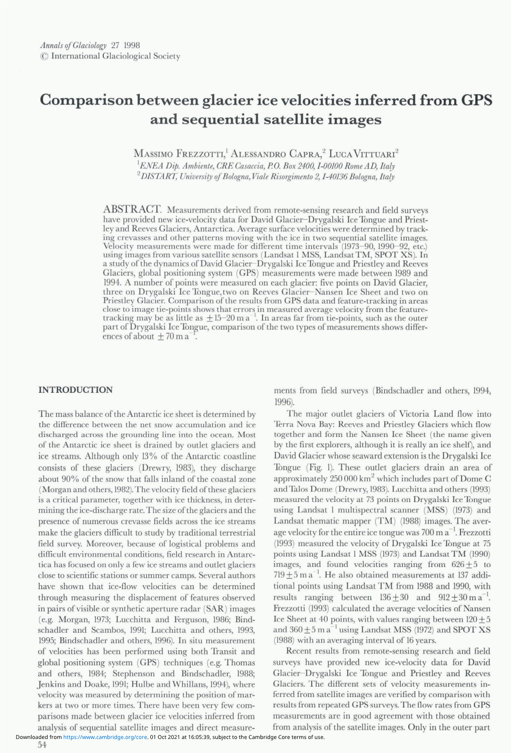 Cotnparison Between Glacier Ice Velocities Inferred Frotn GPS and Sequential Satellite Itnages